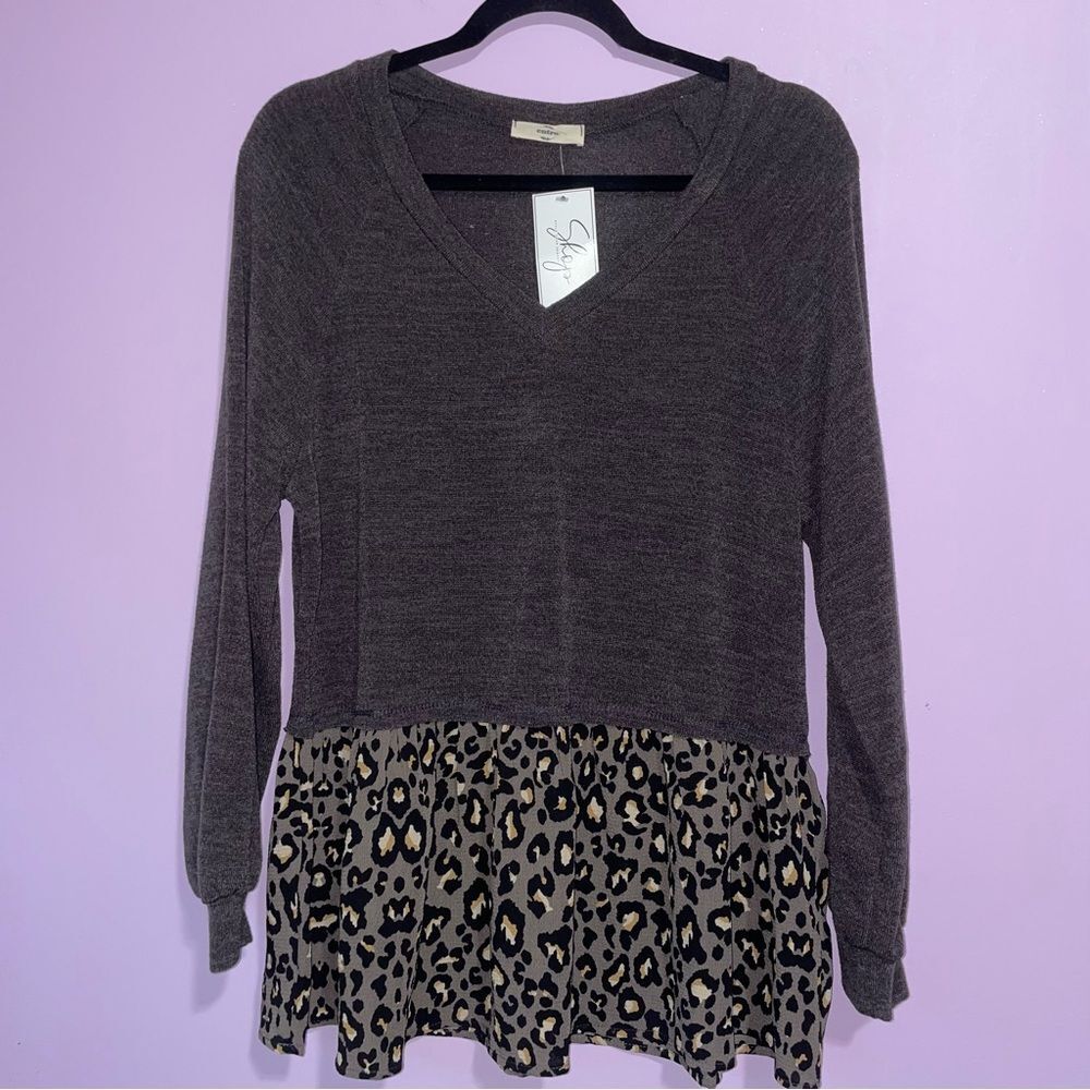 NEW Entro Sweater Women Size S Mixed Media Leopard Casual Academia School Preppy